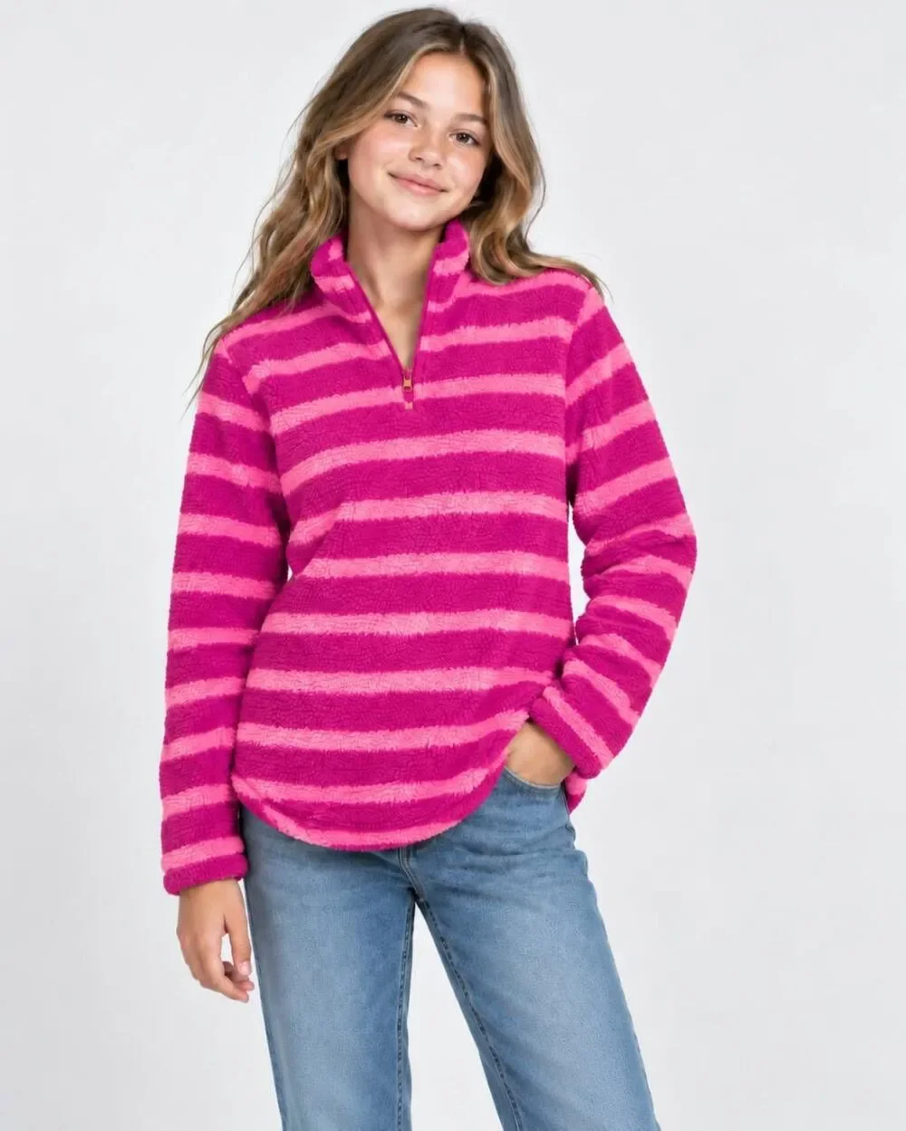 C9 Champion Girls XL 14-16 Pink Stripe Sherpa Fleece Quarter Zip Pullover